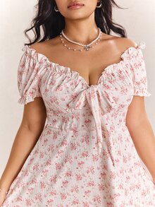 CovetEZ Spring/Summer New Romantic Cute Kawaii Floral Puff Sleeve Off-Shoulder Convertible Waist Slimming Casual Vacation Plus Size Dress Vacation Party Pink - Pink - View 5
