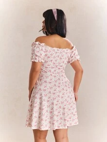 CovetEZ Spring/Summer New Romantic Cute Kawaii Floral Puff Sleeve Off-Shoulder Convertible Waist Slimming Casual Vacation Plus Size Dress Vacation Party Pink - Pink - View 2