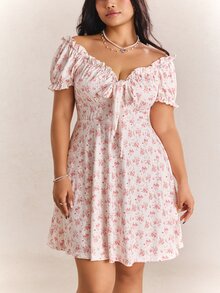 CovetEZ Spring/Summer New Romantic Cute Kawaii Floral Puff Sleeve Off-Shoulder Convertible Waist Slimming Casual Vacation Plus Size Dress Vacation Party Pink - Pink - View 4
