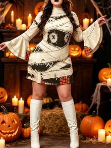 SHEIN LUNE CURVE Plus Size Women's Bell Sleeve Printed Casual Knit Dress, Autumn - Apricot - View 3