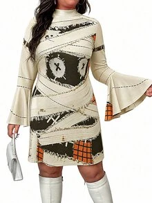 SHEIN LUNE CURVE Plus Size Women's Bell Sleeve Printed Casual Knit Dress, Autumn - Apricot - View 6