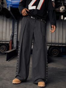 GETOML Men's Corn Callus Design Striped Wide Leg Loose Pants - Black - View 1