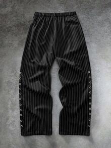GETOML Men's Corn Callus Design Striped Wide Leg Loose Pants - Black - View 3