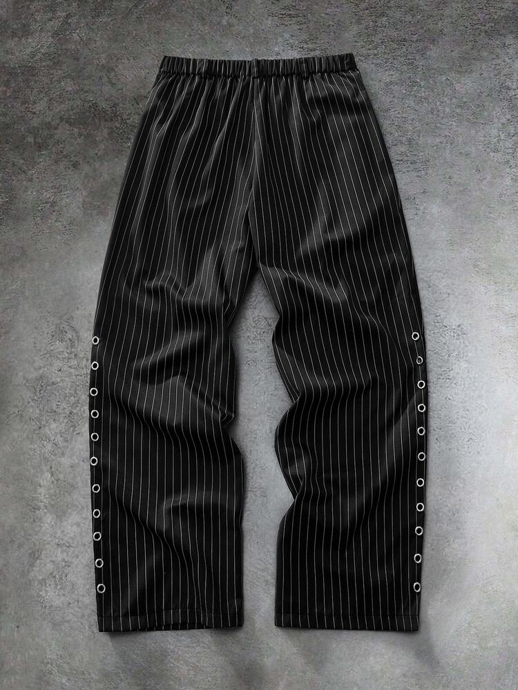 GETOML Men's Corn Callus Design Striped Wide Leg Loose Pants - Black - View 3