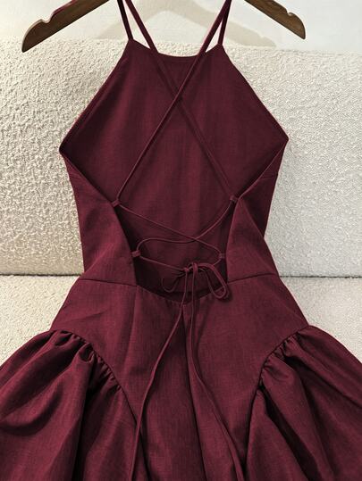 Selianne Vestido de mujer de unicolor con cuello halter, hombros descubiertos, cintura fruncida, costura lateral, espalda descubierta y lazo, de largo medio, color marrón café, elegante, estilo vintage francés, formal, oficina, negocios casual, playa, vacaciones, té de la tarde, estilo callejero, minimalista, versátil, old money, australiano, ocio en casa, bohemio, fiesta de vacaciones, sesión de fotos, primavera, verano, nuevo