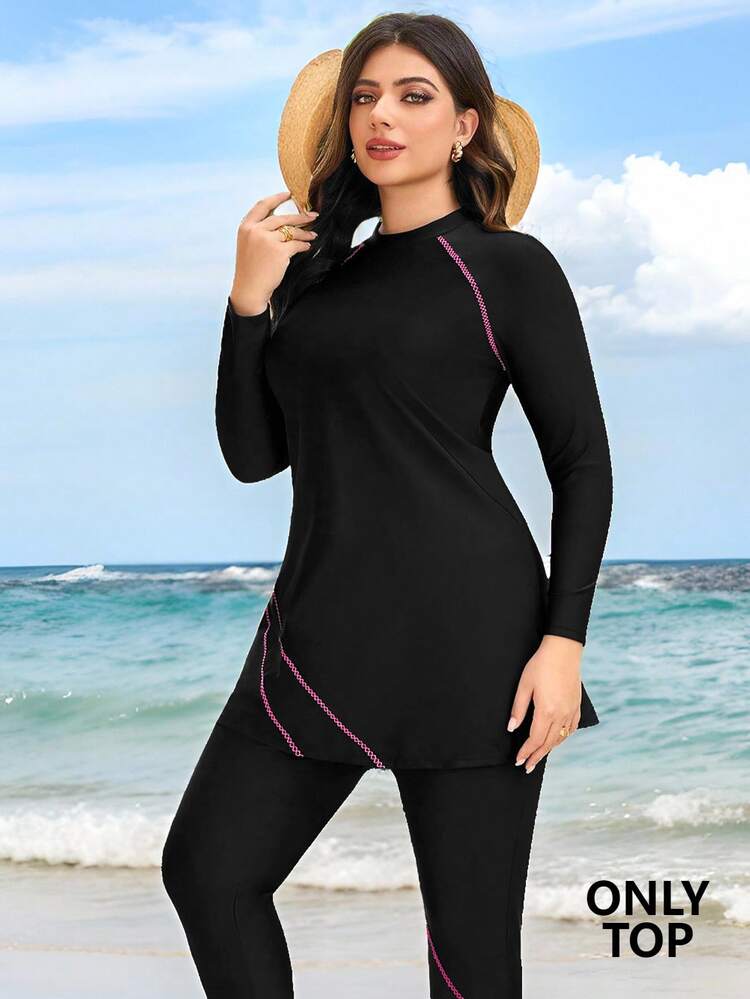 Swim Mulvari Plus Size Women's Solid Color Long Sleeve Mid-Length Modest Burkini Top With Embroidery Decor Beach Sports Summer - Black - View 5