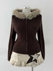Sunspun Plus Size Zip-Up Hooded Knit Cardigan, Solid Color Slimming Autumn Winter Sweater Faux Fur Collar - Brown - View 7