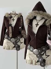 Sunspun Plus Size Zip-Up Hooded Knit Cardigan, Solid Color Slimming Autumn Winter Sweater Faux Fur Collar - Brown - View 2
