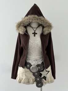 Sunspun Plus Size Zip-Up Hooded Knit Cardigan, Solid Color Slimming Autumn Winter Sweater Faux Fur Collar - Brown - View 9