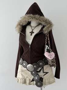 Sunspun Plus Size Zip-Up Hooded Knit Cardigan, Solid Color Slimming Autumn Winter Sweater Faux Fur Collar - Brown - View 5