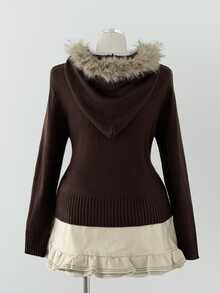 Sunspun Plus Size Zip-Up Hooded Knit Cardigan, Solid Color Slimming Autumn Winter Sweater Faux Fur Collar - Brown - View 3