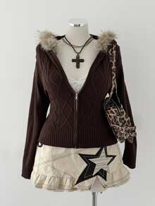 Sunspun Plus Size Zip-Up Hooded Knit Cardigan, Solid Color Slimming Autumn Winter Sweater Faux Fur Collar - Brown - View 8