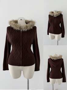 Sunspun Plus Size Zip-Up Hooded Knit Cardigan, Solid Color Slimming Autumn Winter Sweater Faux Fur Collar - Brown - View 6
