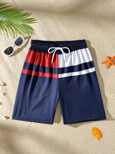 SHEIN Teen Boys Fashionable Navy Colorblock Striped Swimwear,Red & White Beach Shorts With Adjustable Drawstring,Independence Day Summer Streetwear Vacation