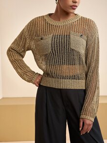 Zivah 女款圓領落肩長袖口袋設計鏤空針織衫 金屬金配色 秋季法式優雅約會外出穿搭 - 金色 - 查看 4