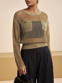 Zivah 女款圓領落肩長袖口袋設計鏤空針織衫 金屬金配色 秋季法式優雅約會外出穿搭 - 金色 - 查看 9