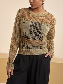 Zivah 女款圓領落肩長袖口袋設計鏤空針織衫 金屬金配色 秋季法式優雅約會外出穿搭 - 金色 - 查看 5