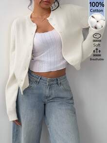 SHEIN BASICS 女款純色單排扣休閒百搭日常外出商務辦公早午餐長袖開襟衫 全白 秋季 教師節 - 杏色 - 查看 6