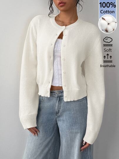 SHEIN BASICS كارديجان نسائي بلون موحد أحادي الصدر كاجوال متعدد الاستخدامات للخروجات اليومية والعمل والمكتب والبرانش بأكمام طويلة بلون أبيض مائل للصفرة لفصل الخريف وعيد المعلم