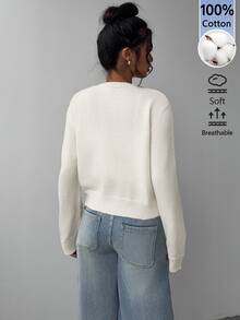 SHEIN BASICS 女款純色單排扣休閒百搭日常外出商務辦公早午餐長袖開襟衫 全白 秋季 教師節 - 杏色 - 查看 3