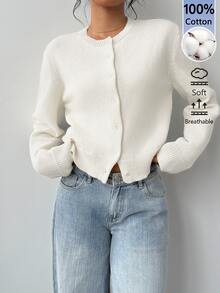 SHEIN BASICS 女款純色單排扣休閒百搭日常外出商務辦公早午餐長袖開襟衫 全白 秋季 教師節 - 杏色 - 查看 5