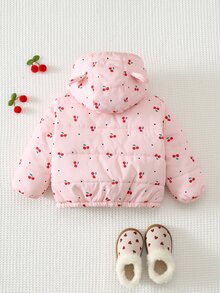 Cozy Pixies 女嬰冬季外套 粉色櫻桃圖案 保暖內裡 加厚卡通動物耳朵設計 填充外套 舒適百搭 - 粉色 - 查看 2