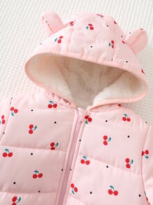 Cozy Pixies 女嬰冬季外套 粉色櫻桃圖案 保暖內裡 加厚卡通動物耳朵設計 填充外套 舒適百搭 - 粉色 - 查看 6