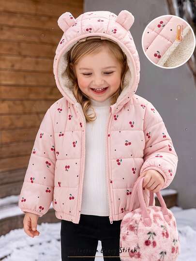 Cozy Pixies Baby Girls Winter Coats Pink Cherry Pattern Thermal Lined Thick Cartoon Animal Ear Design Padded Coat Baby Girl Comfortable Versatile