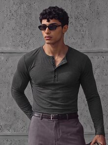 SWAVVY Men's Casual Versatile Solid Color Long Sleeve T-Shirt - Grey - View 1