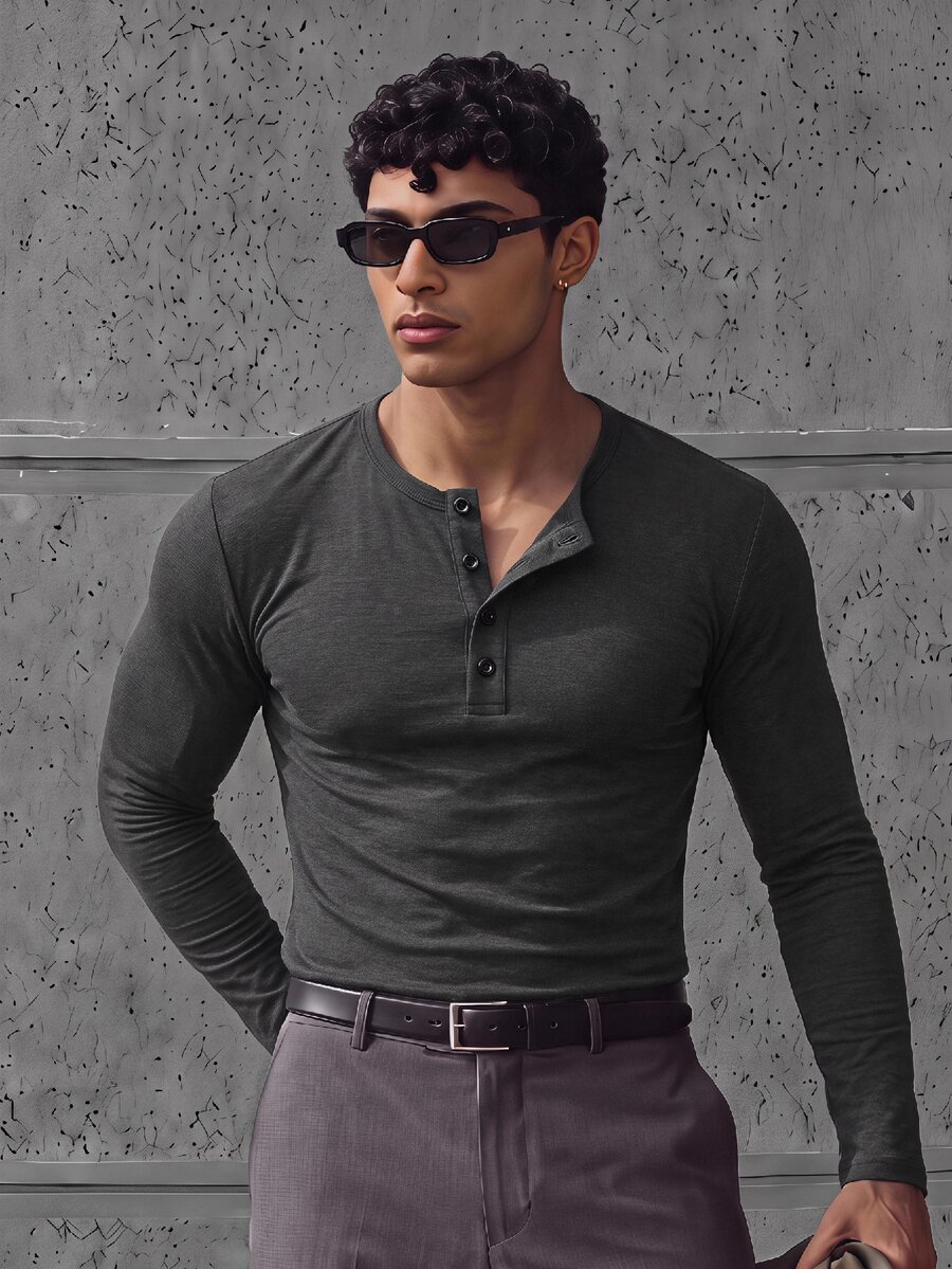 SWAVVY Men's Casual Versatile Solid Color Long Sleeve T-Shirt - Grey - View 1