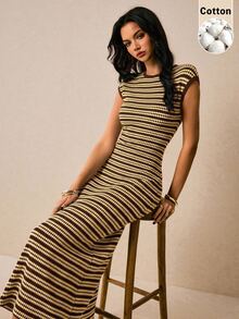 Poéselle 女款棉質提花條紋中長洋裝，對比飾邊圓領短袖緊身洋裝，四季百搭，適合辦公室、日常與返校穿著 - 棕色 - 查看 6