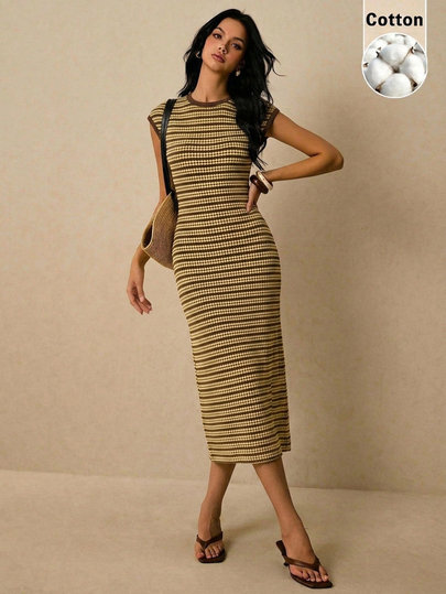 Poéselle Women Cotton Jacquard Stripe Midi Dress, Contrast Trim Round Cap Sleeve Bodycon Dress, All-Season Staple For Office, Daily & Back To School