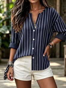 Holdful Holdful Women's Casual Coastal Striped Long Sleeve Shirt, Autumn Brunch Vacation Navy Blue And White Office Everyday - Navy Blue - View 3