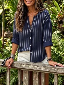 Holdful Holdful Women's Casual Coastal Striped Long Sleeve Shirt, Autumn Brunch Vacation Navy Blue And White Office Everyday - Navy Blue - View 6