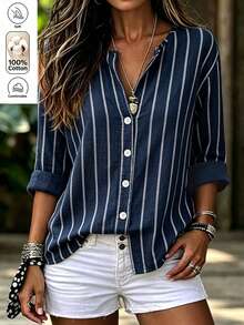 Holdful Holdful Women's Casual Coastal Striped Long Sleeve Shirt, Autumn Brunch Vacation Navy Blue And White Office Everyday - Navy Blue - View 1