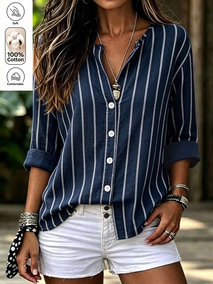 Holdful Holdful Women's Casual Coastal Striped Long Sleeve Shirt, Autumn Brunch Vacation Navy Blue And White Office Everyday - Navy Blue - View 1