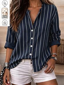 Holdful Holdful Women's Casual Coastal Striped Long Sleeve Shirt, Autumn Brunch Vacation Navy Blue And White Office Everyday - Navy Blue - View 5
