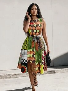 Eryvara Women's African Mixed Print Sleeveless Round Neck Casual Boho Dress, Random Print Vacation Green Summer - Multicolor - View 1
