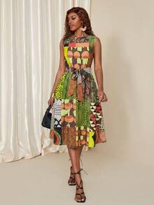Eryvara Women's African Mixed Print Sleeveless Round Neck Casual Boho Dress, Random Print Vacation Green Summer - Multicolor - View 4