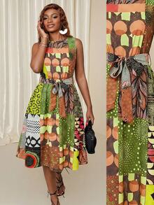 Eryvara Women's African Mixed Print Sleeveless Round Neck Casual Boho Dress, Random Print Vacation Green Summer - Multicolor - View 3