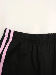 SHEIN 青少年女孩休閒馬標誌對比色織帶運動風寬鬆長褲學院風街頭穿搭 - 黑色 - 查看 6