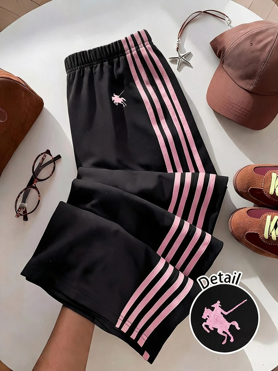 SHEIN Tween Girl Casual Horse Logo Contrast Color Webbing Sporty Loose Long Pants College Style Streetwear - Black - View 1