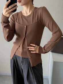 FRIFUL Women's Solid Color Knit Camisole & Long Sleeve Sweater 2 Pieces Set Fall - Dark Grey - View 4