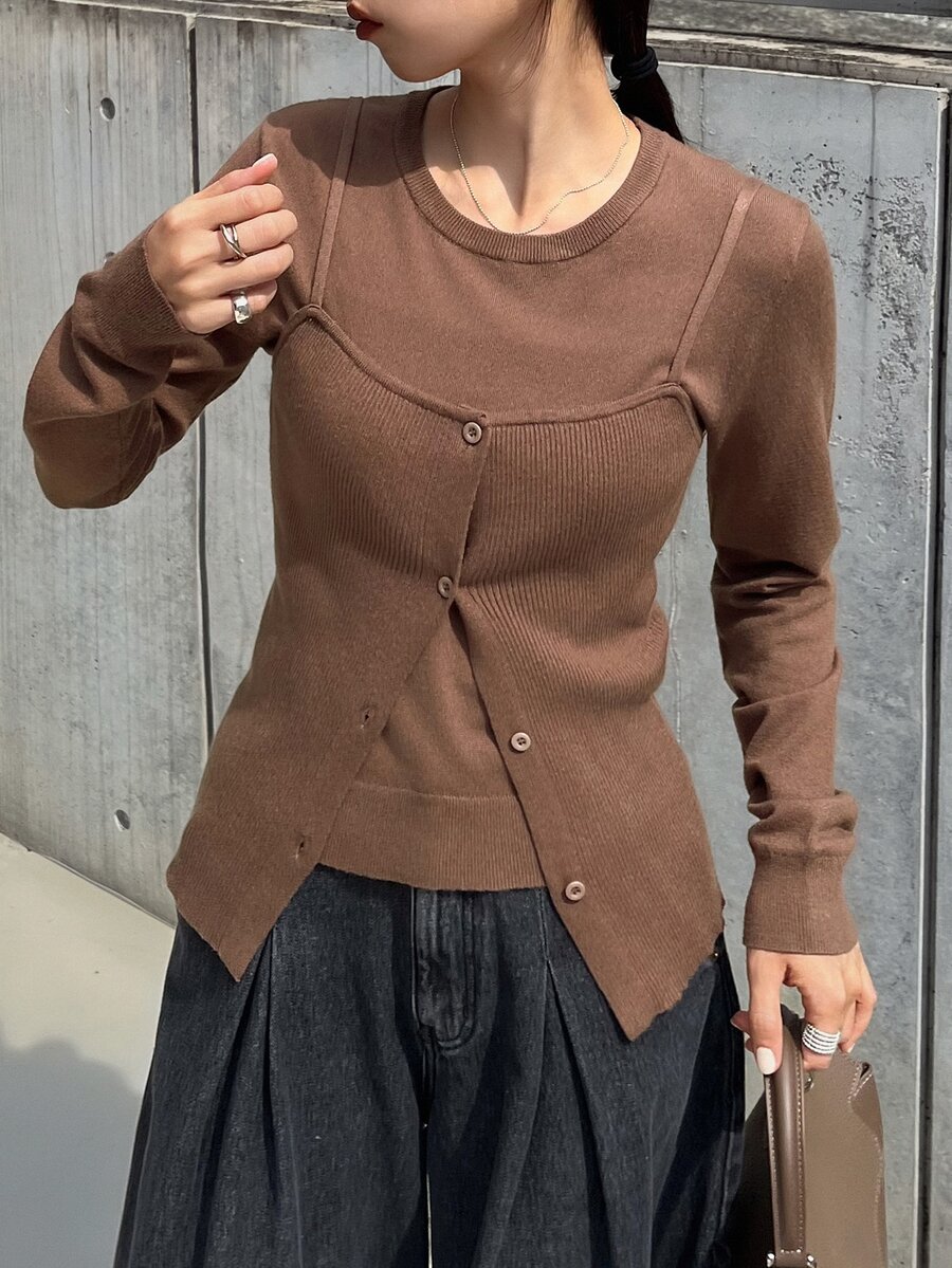 FRIFUL Women's Solid Color Knit Camisole & Long Sleeve Sweater 2 Pieces Set Fall - Dark Grey - View 1