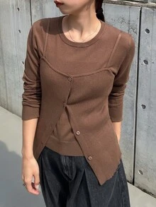 FRIFUL Women's Solid Color Knit Camisole & Long Sleeve Sweater 2 Pieces Set Fall - Dark Grey - View 6