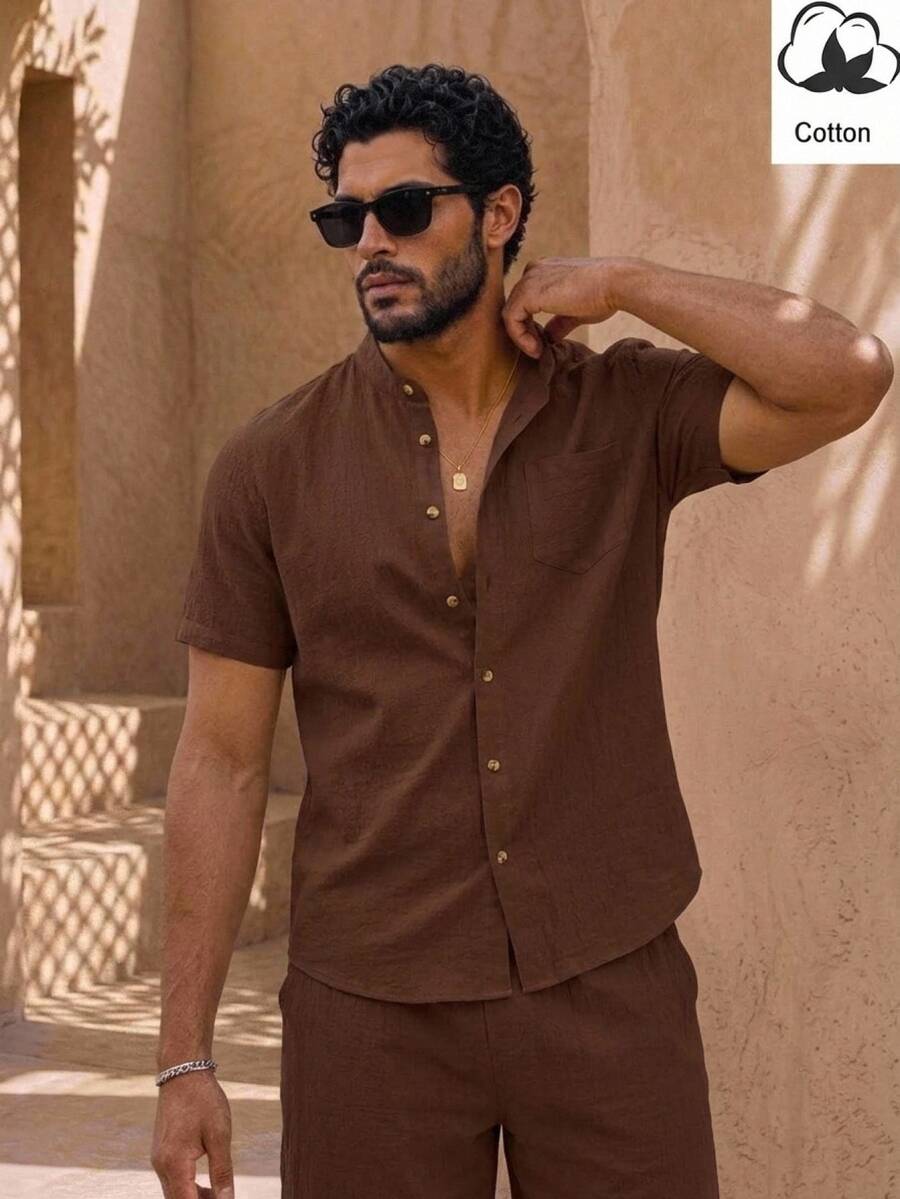HIMLAND Men's Pocket Single-Breasted Short Sleeve Shirt And Casual Shorts Set - Brown - View 1