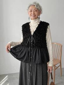 FRIFUL Middle-Aged Women Solid Color Patchwork Faux Fur Front Tie Vest - Black - View 4
