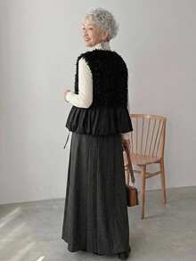 FRIFUL Middle-Aged Women Solid Color Patchwork Faux Fur Front Tie Vest - Black - View 2