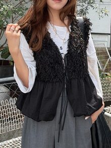 FRIFUL Middle-Aged Women Solid Color Patchwork Faux Fur Front Tie Vest - Black - View 11