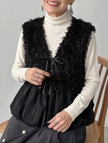 FRIFUL Middle-Aged Women Solid Color Patchwork Faux Fur Front Tie Vest - Black - View 10